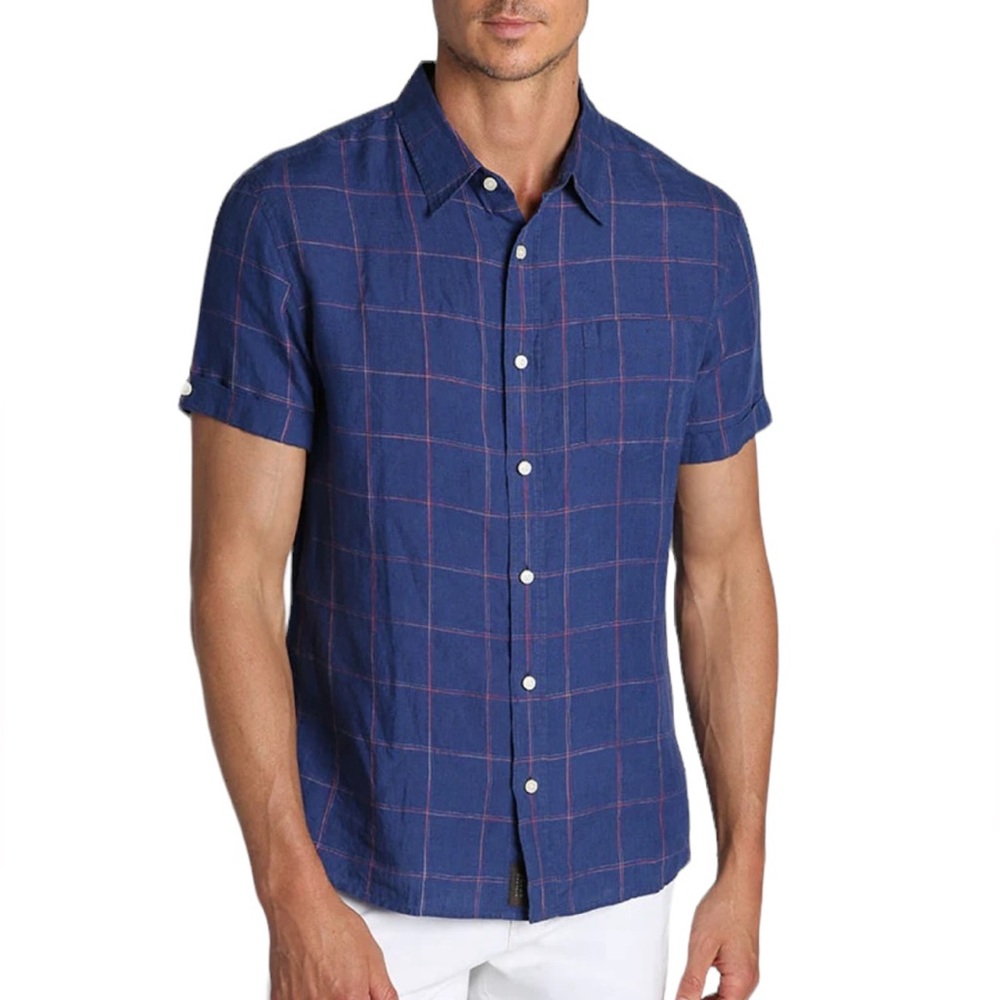 Jachs New York Classic Fit Blue Windowpane Linen Short Sleeve Shirt 2XL …